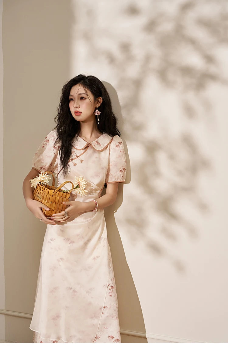 Mishow Chinese Doll Collar Pink Bamboo Print Dress MXD22L1829