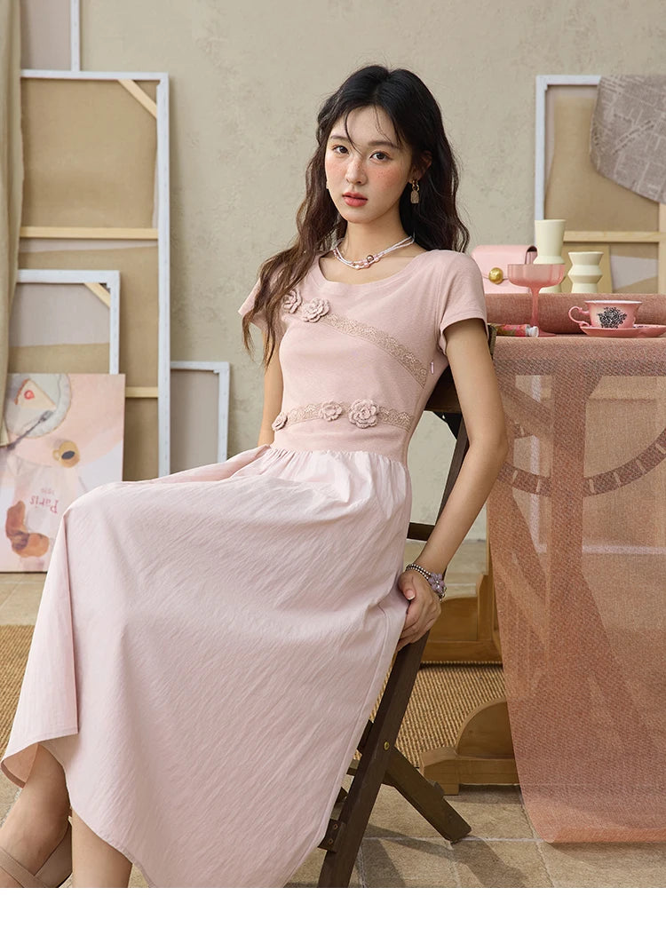 Mishow French Pink Woven Patchwork Knit Dress MXE36L2247