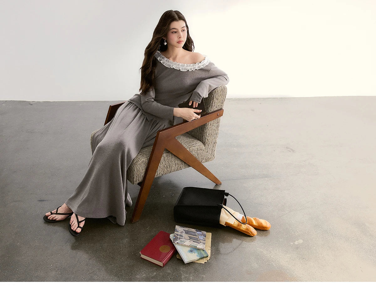 Mishow Grey Off-Shoulder Lace Trim Top & Maxi Skirt Set MXF13T1479