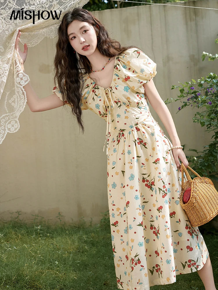Mishow French 100% Cotton Floral V-Neck Dress MXD30L1868