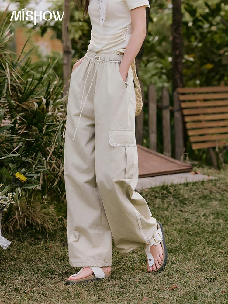 MISHOW Apricot Cargo Pants Lace Patchwork Drawstring Elastic MXE33K0935