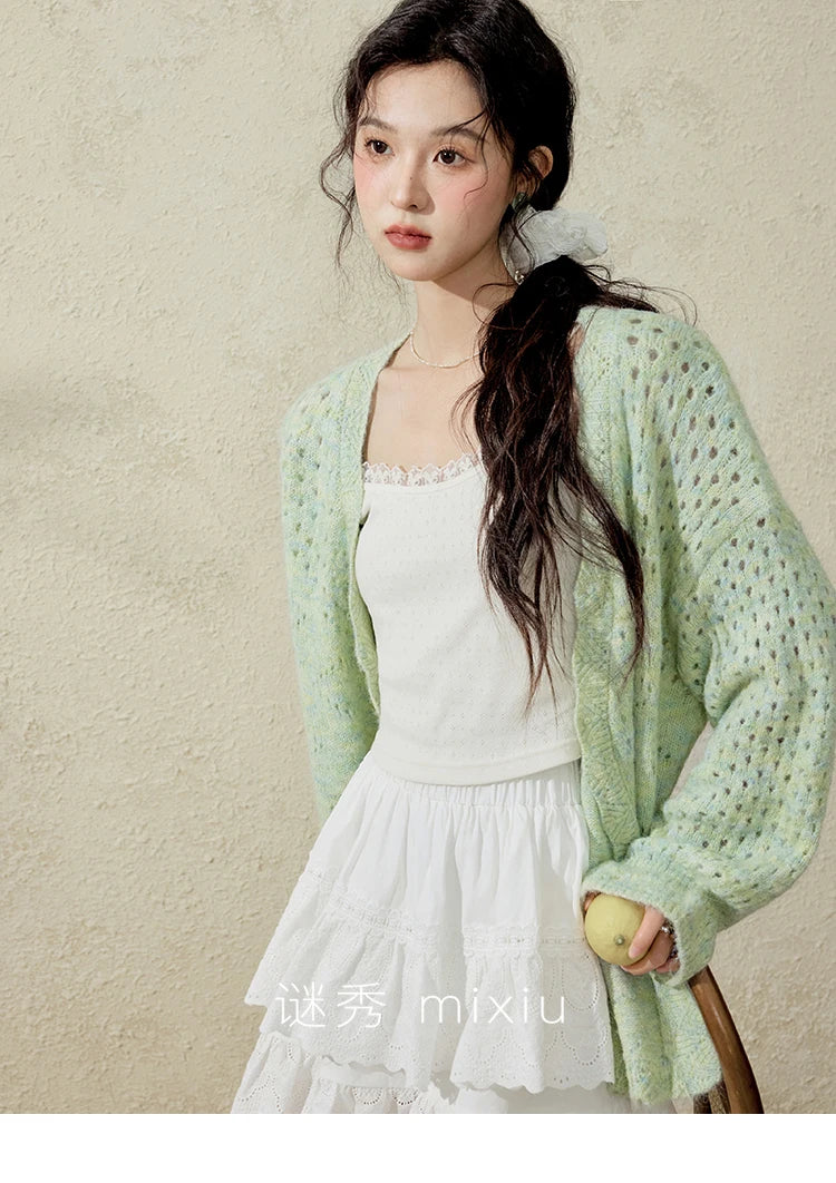 Mishow Green Hollow Out Wave Neck Cardigan MXE12Z1212