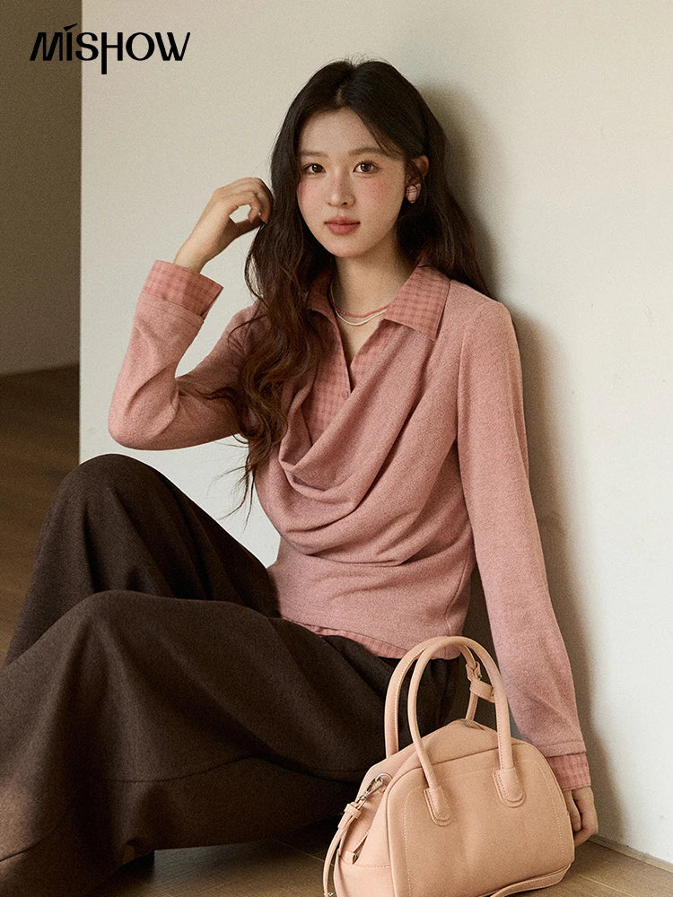 Mishow Pink Faux Two-Piece Plaid Draped Collar Pullover MXE87Z2747