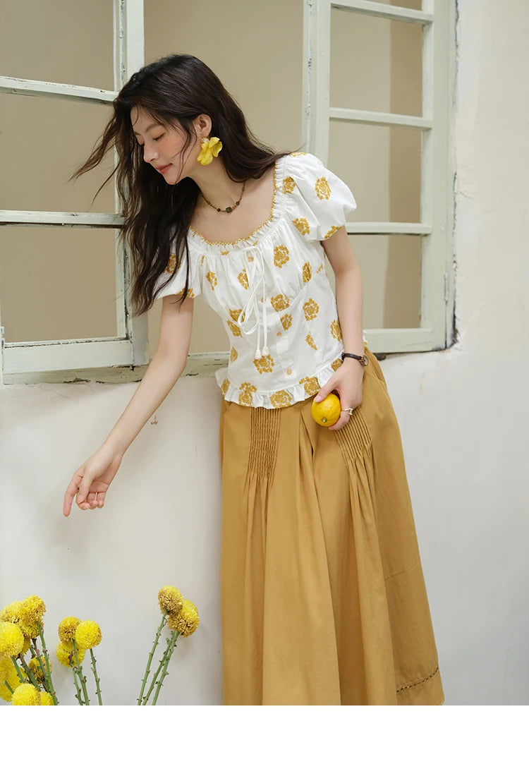 MISHOW Yellow Flower Embroidery Blouse Puff Sleeve Lace Up MXE35X1811