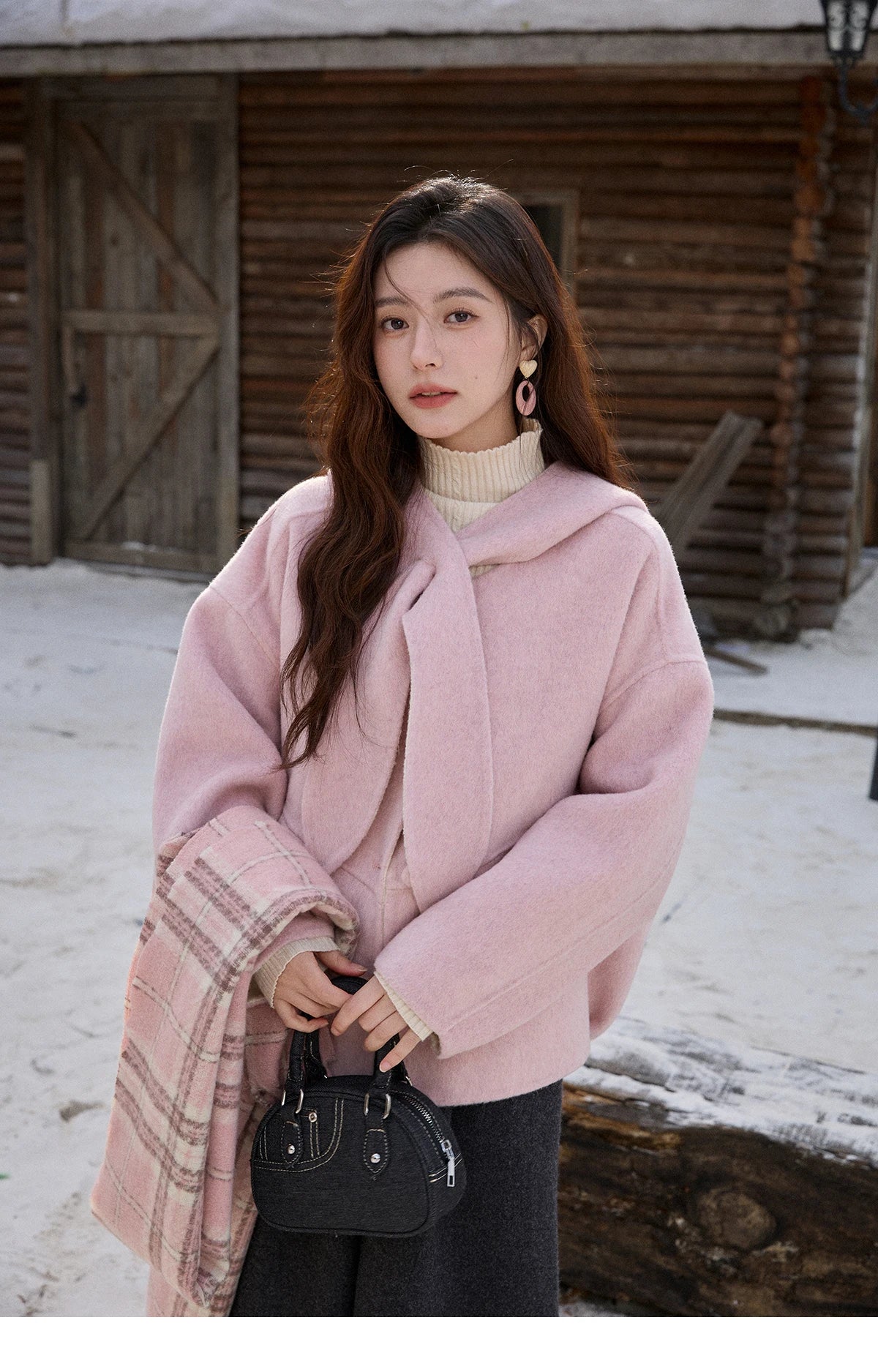 Mishow Pink Wool Hooded Bow Tie Strap Coat MXE91W1010
