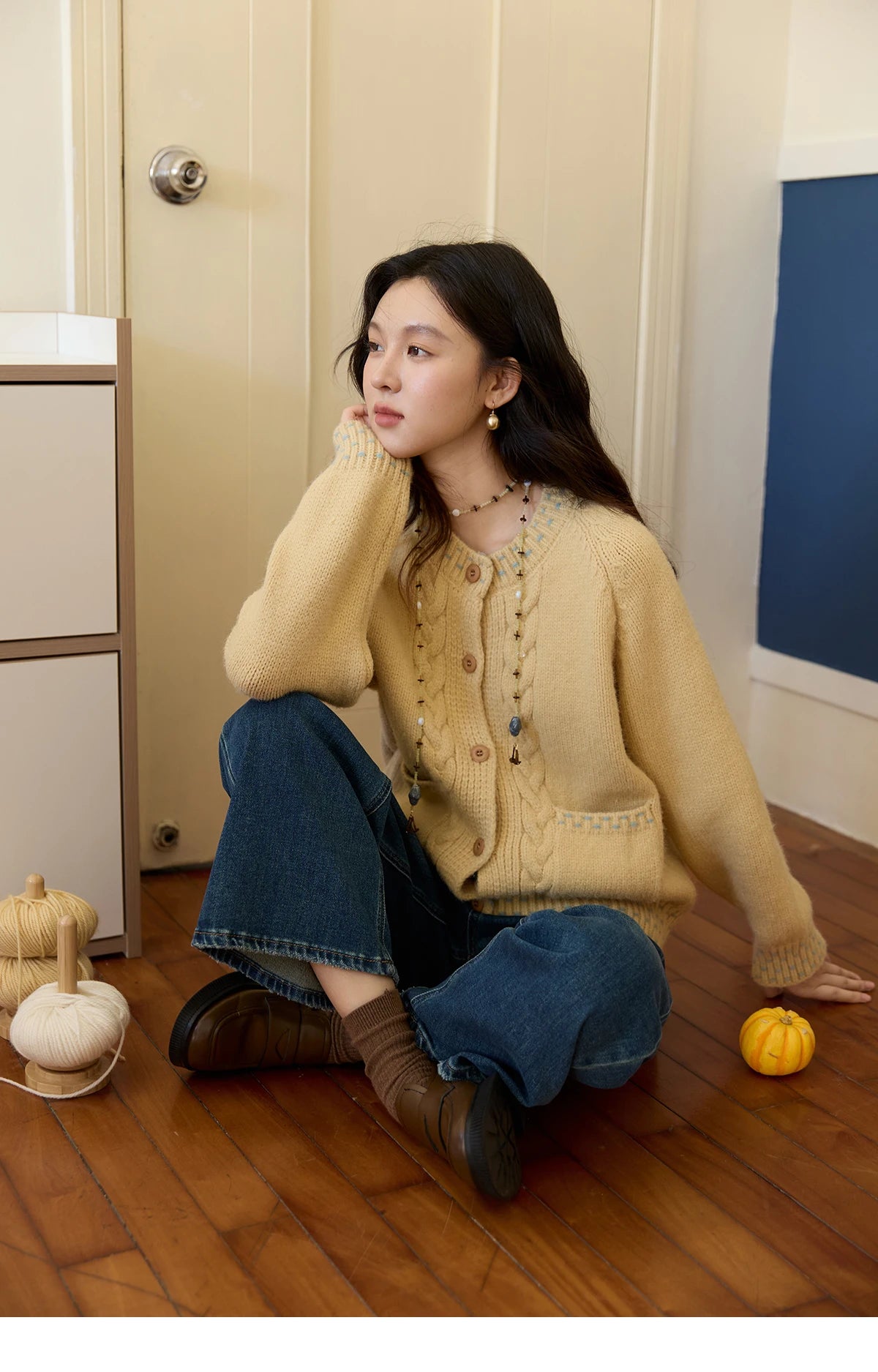 Mishow Yellow Cable Knit Hand-Drawstring Cardigan MXE47Z2566