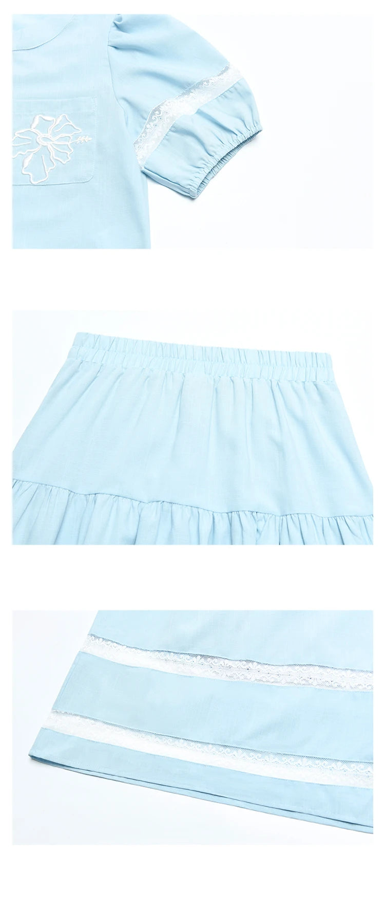 MISHOW Blue Lace Patchwork Top Elastic Waist Skirt Set MPD22B0450