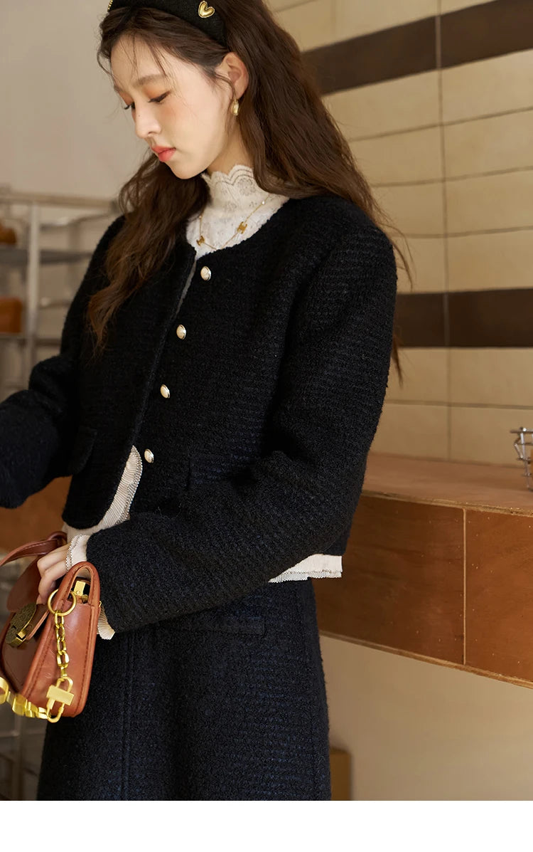 Mishow Wool Blend Short Coat & Rear Split A-Line Skirt Set MXC56W0162