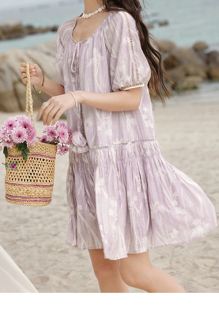 Mishow Print U-Neck Lace Hollow Chiffon Dress MXE32L2164