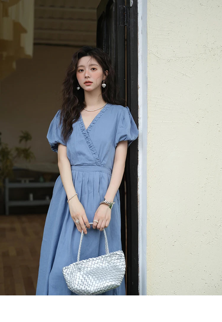 Mishow V-Neck Puff Sleeve Pocket Sash Dress MXE39L2381