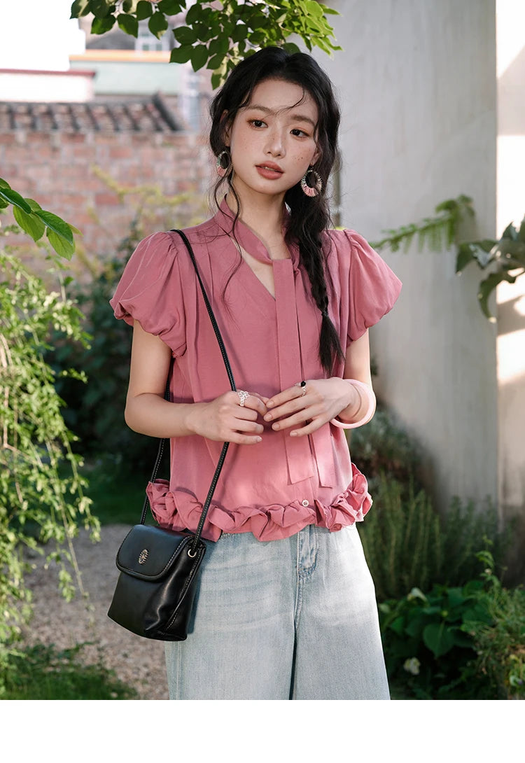 MISHOW V-Neck Puff Sleeve Blouse Lace Up Button Sweet MXE38X1914