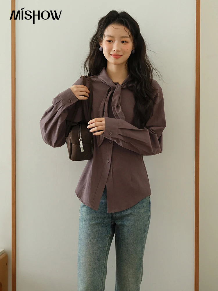 MISHOW Ash Purple Shirt Curved Hem Ribbon Neck Slim MXE42C2383
