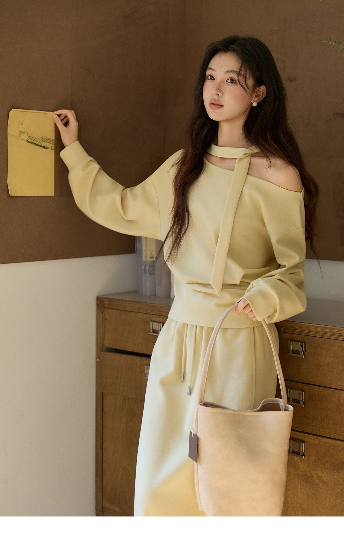 Mishow Light Yellow Off-Shoulder Top & Rear Fork Midi Skirt Set MXE11T1489