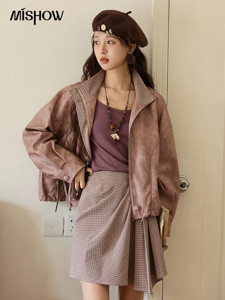 MISHOW Dyed Leather Jacket Contrasting Plaid Lapel Bow Pockets MXE44W0818
