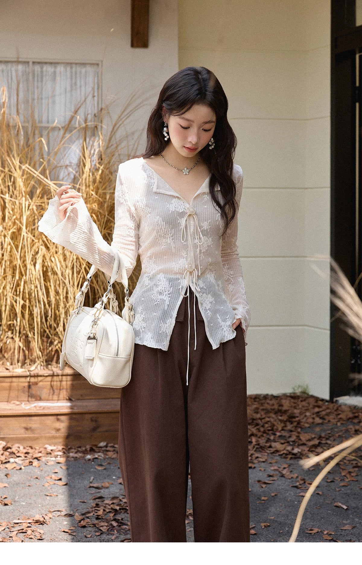 MISHOW White Lace Shirt Flared Sleeves V-Neck MXE49X2511