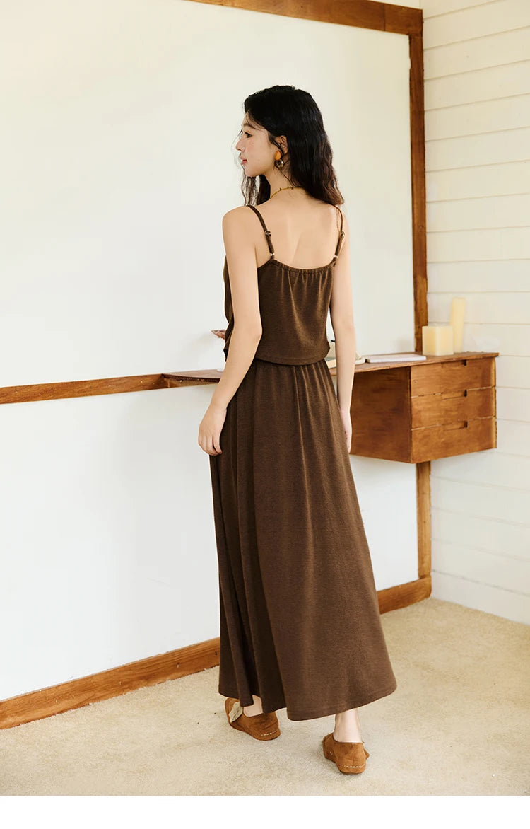 Mishow Retro Dark Brown Tank Top & Pleated A-Line Skirt Set MXE46T1378