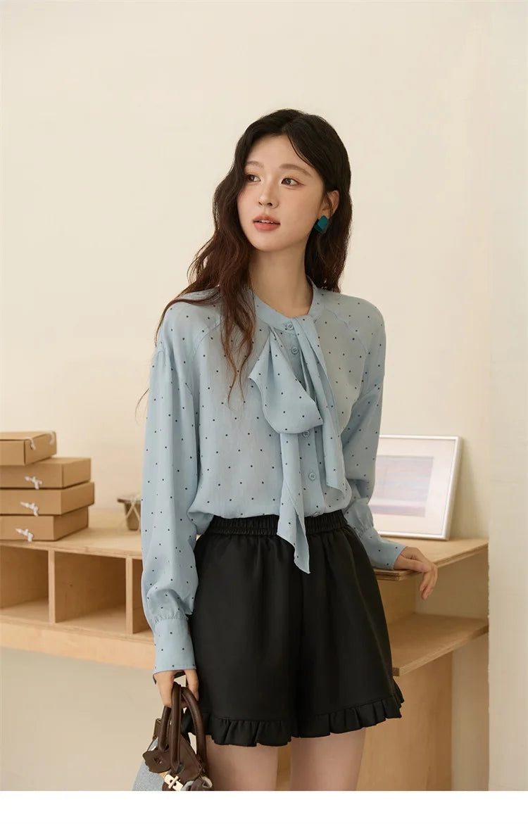 MISHOW Blue Polka Dot Shirt Bow Collar Long Sleeve MXE45X2475