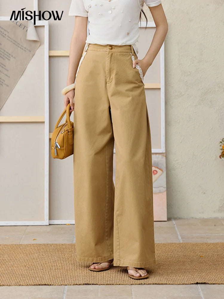 MISHOW Cotton Khaki Lace Patchwork Wide Leg Pants High Waist MXE34K0925