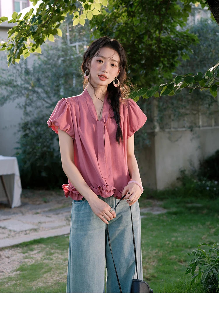 MISHOW V-Neck Puff Sleeve Blouse Lace Up Button Sweet MXE38X1914