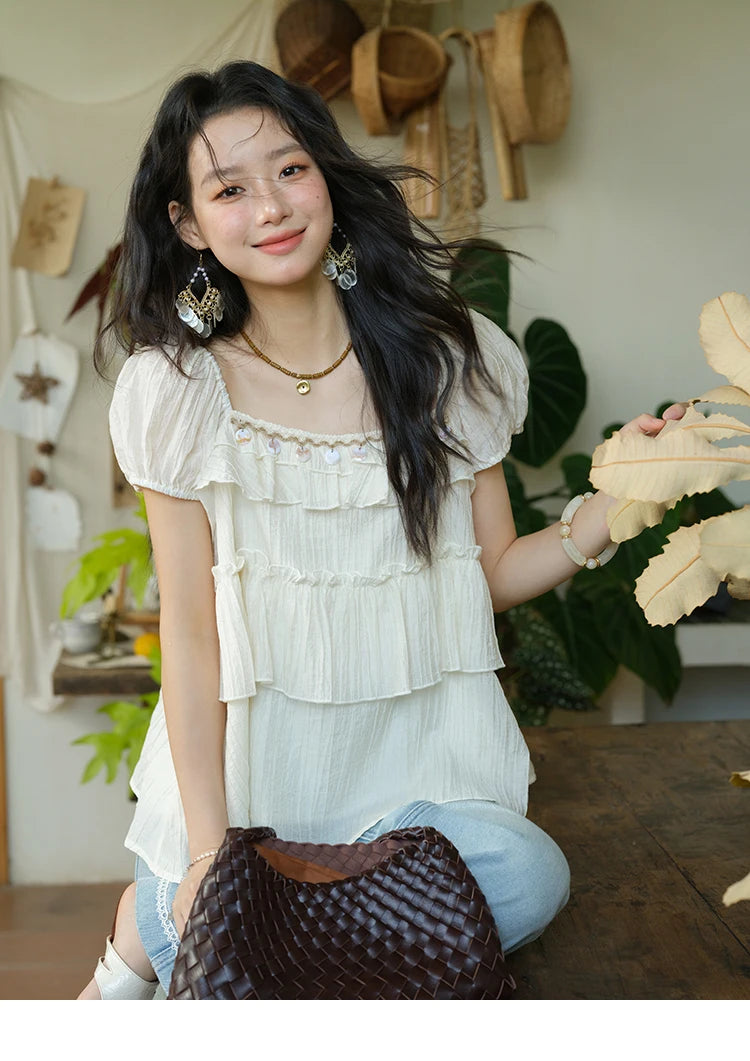 MISHOW French Square Collar Blouse Cake Ribbon Short Sleeve MXE33X1763
