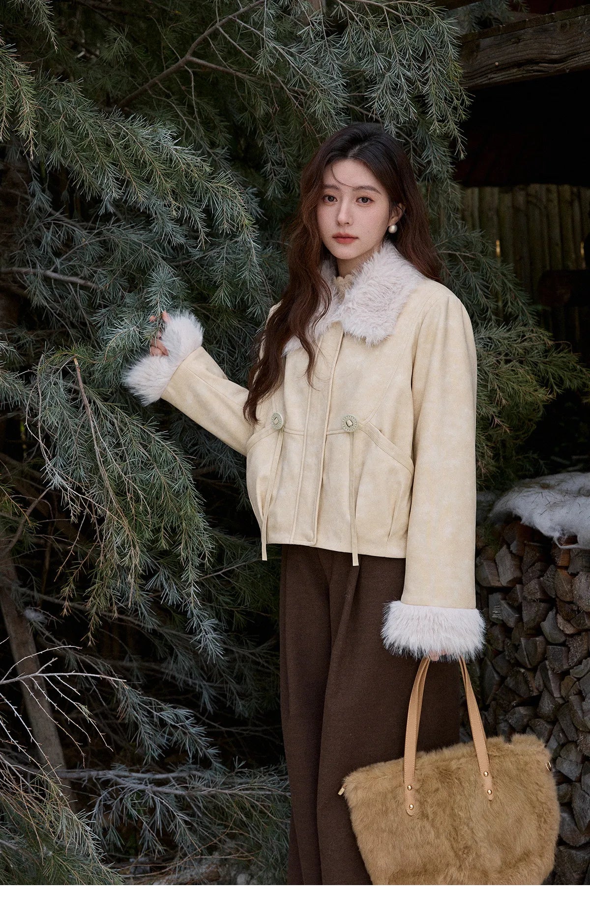 Mishow Apricot Suede Plush Collar Jacket MXE91W0987