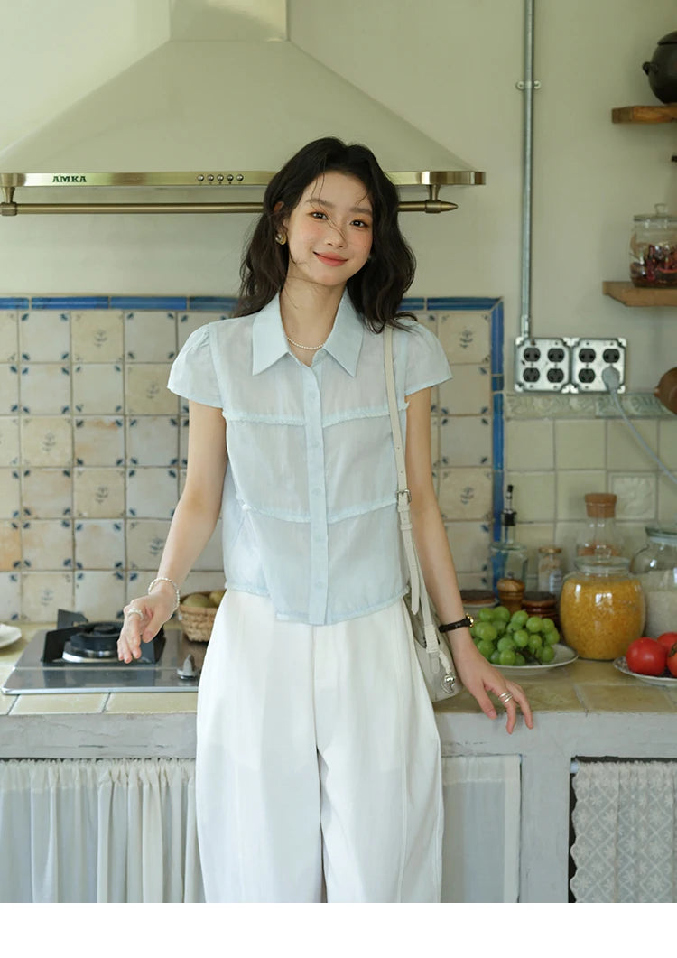 MISHOW Turn-Down Collar Button Shirt Edge Splicing Short Sleeve MXE39C2363