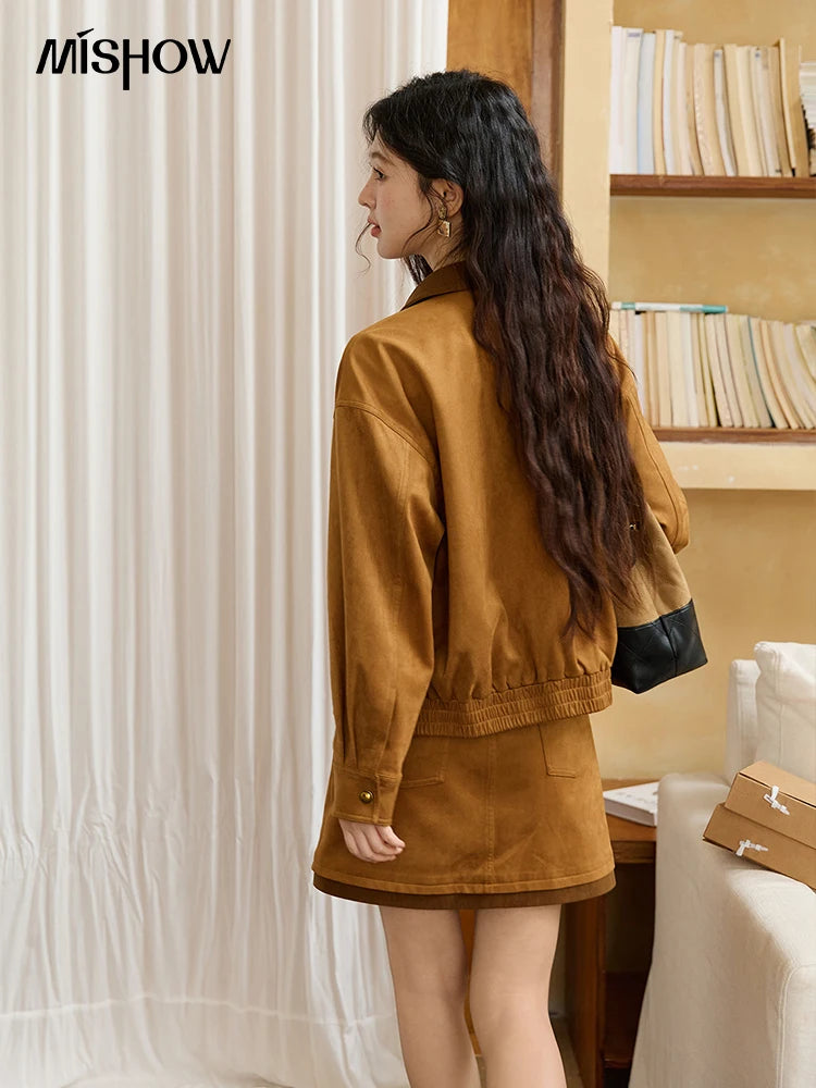 Mishow Retro Corduroy Cutout Jacket & Mini Skirt Set MXE47T0745