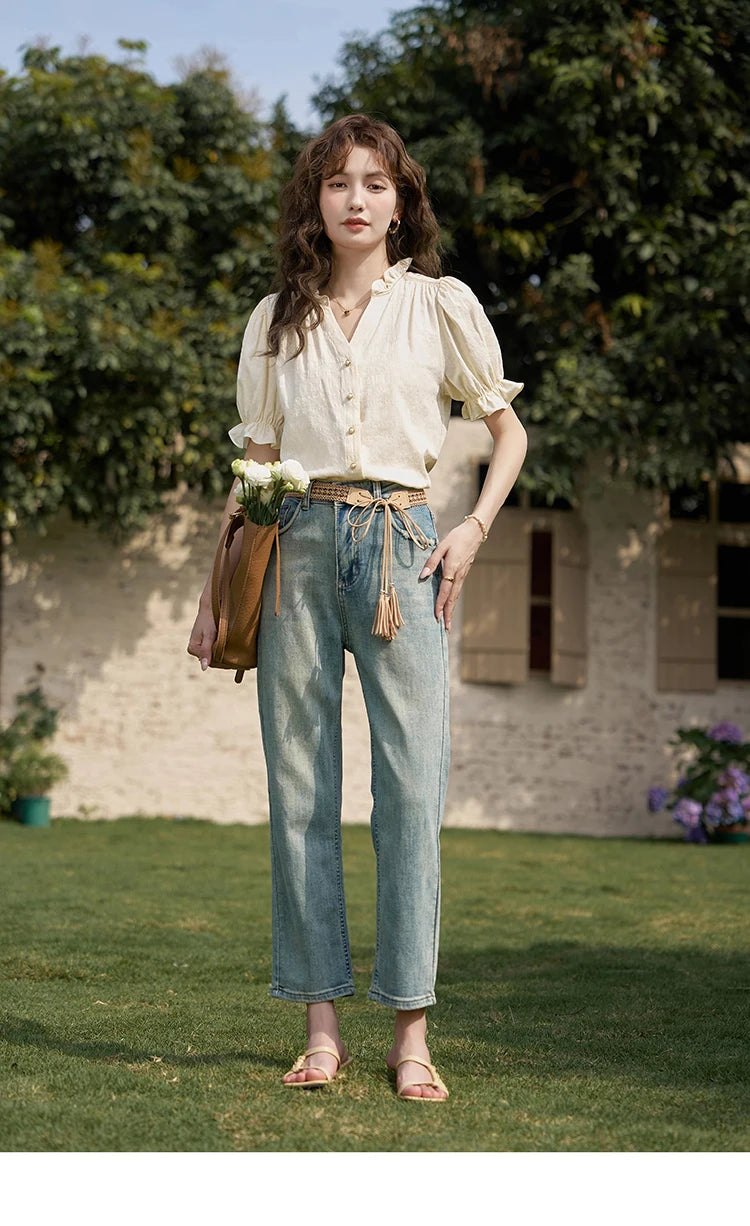 MISHOW Denim Suspender Dress & Puff Sleeve Blouse Set MXD21L1664