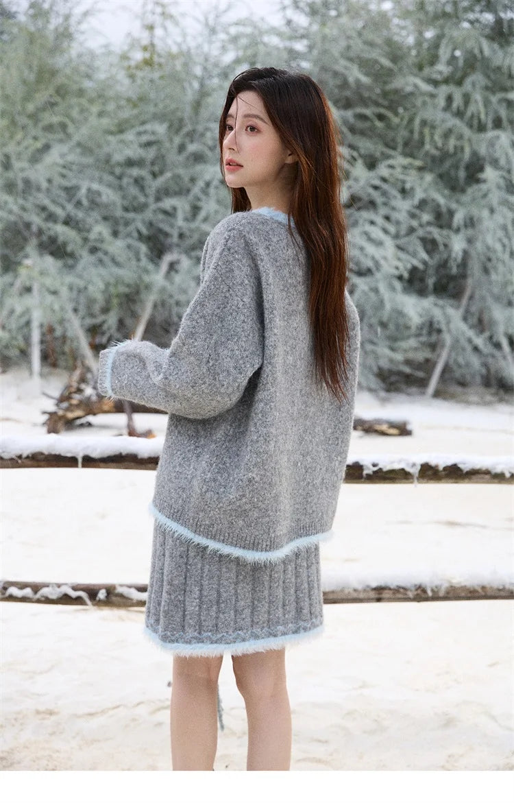 Mishow Gray Crew Neck Sweater & Knitted Mini Skirt Set MXE51T1406