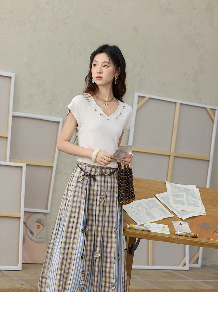 MISHOW Retro Plaid Patchwork Pleats Skirt A-LINE Slim MXE35B0726