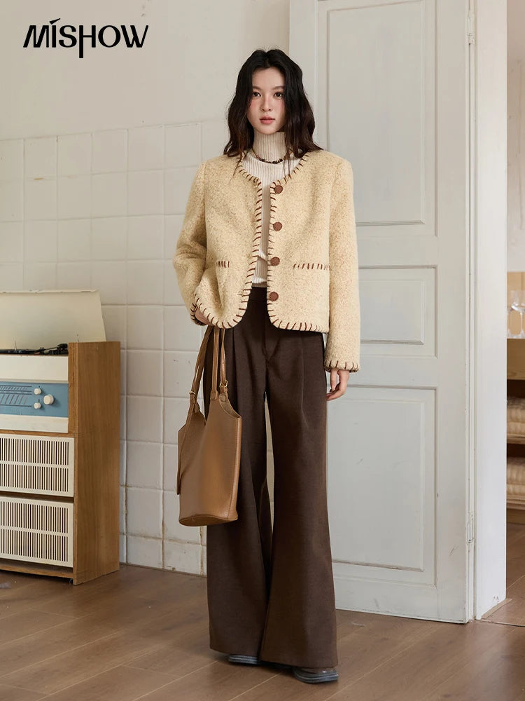 Mishow Apricot Round Neck Wool Blend Coat MXE88W0885