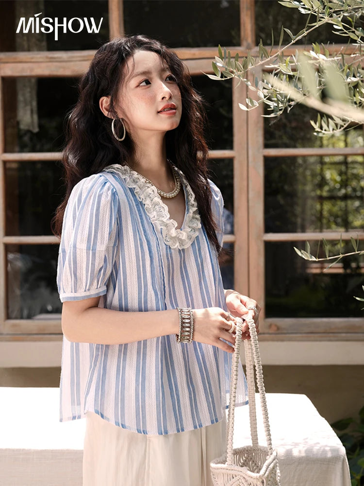MISHOW Cotton Striped Blouse Lantern Sleeve Lace V-Neck MXE36X1845