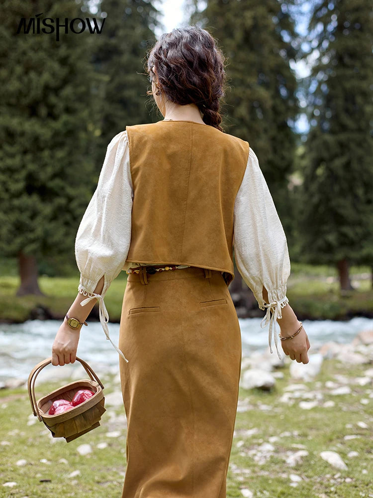 MISHOW High Waist Suede Midi Skirt Lip Pouch A-LINE MXD41B0486