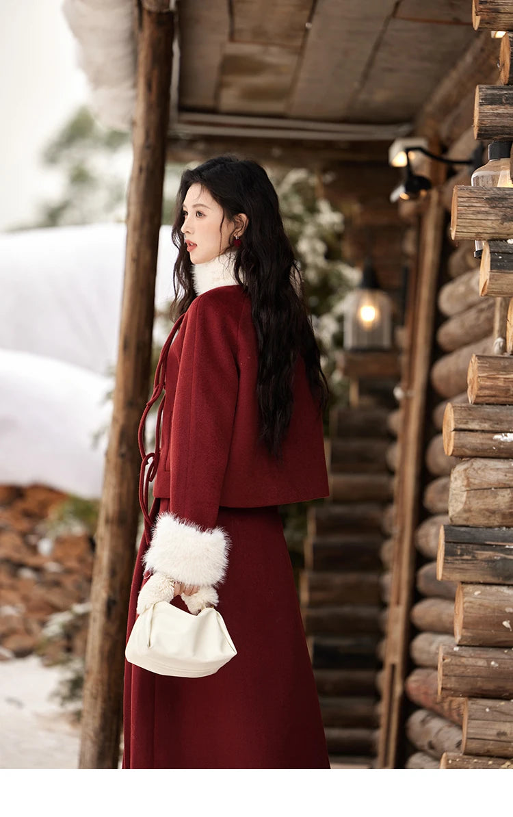 Mishow Tweed Jacket with Removable Fur Collar & Pleated Skirt Set MXD59W0609