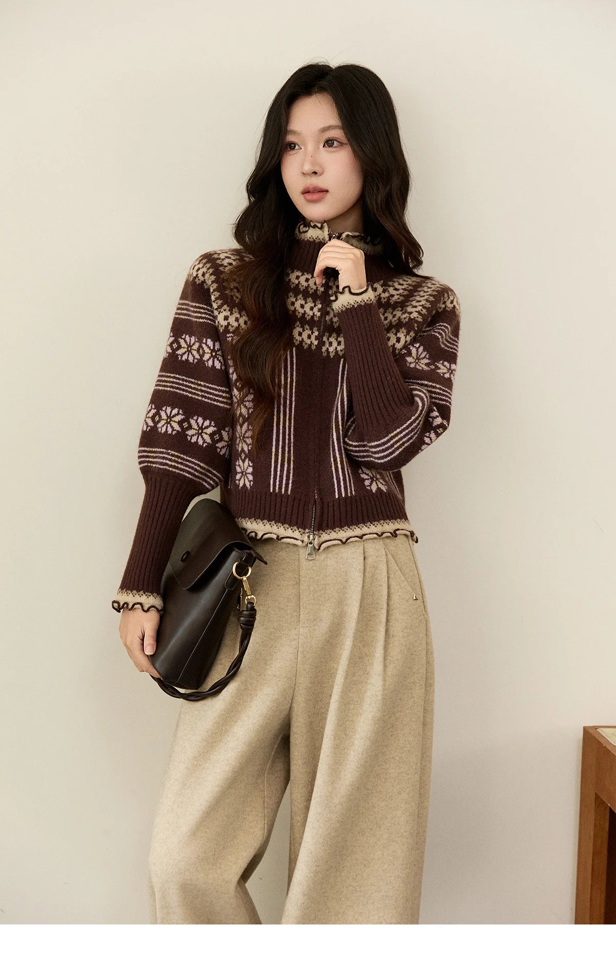 Mishow Brown Fair Isle Lantern Sleeve Zipper Top MXE91Z2868