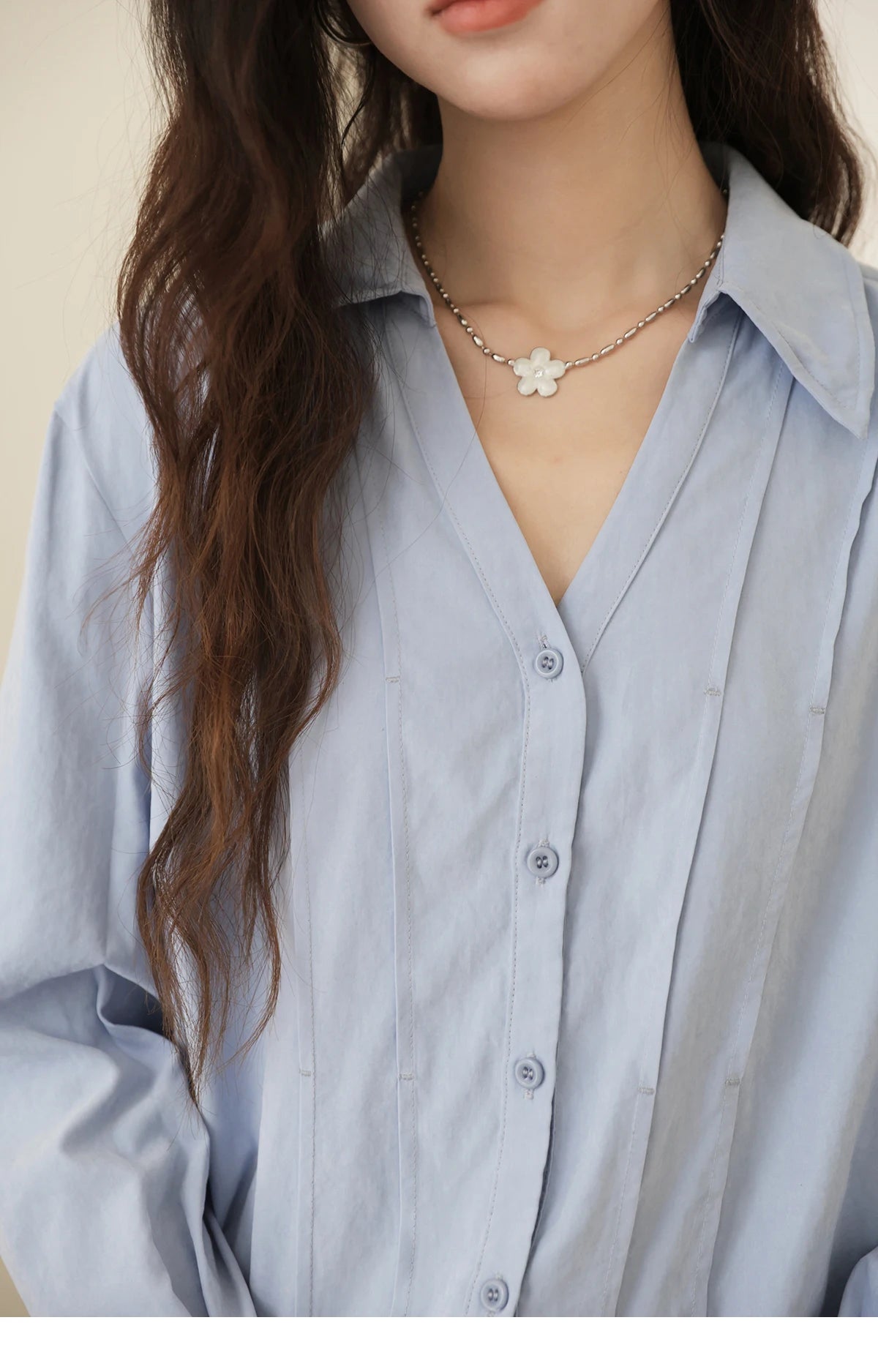 MISHOW Blue Peach Skin Velvet Shirt Lapel V-Neck Pleated Cuffs MXE44C2392