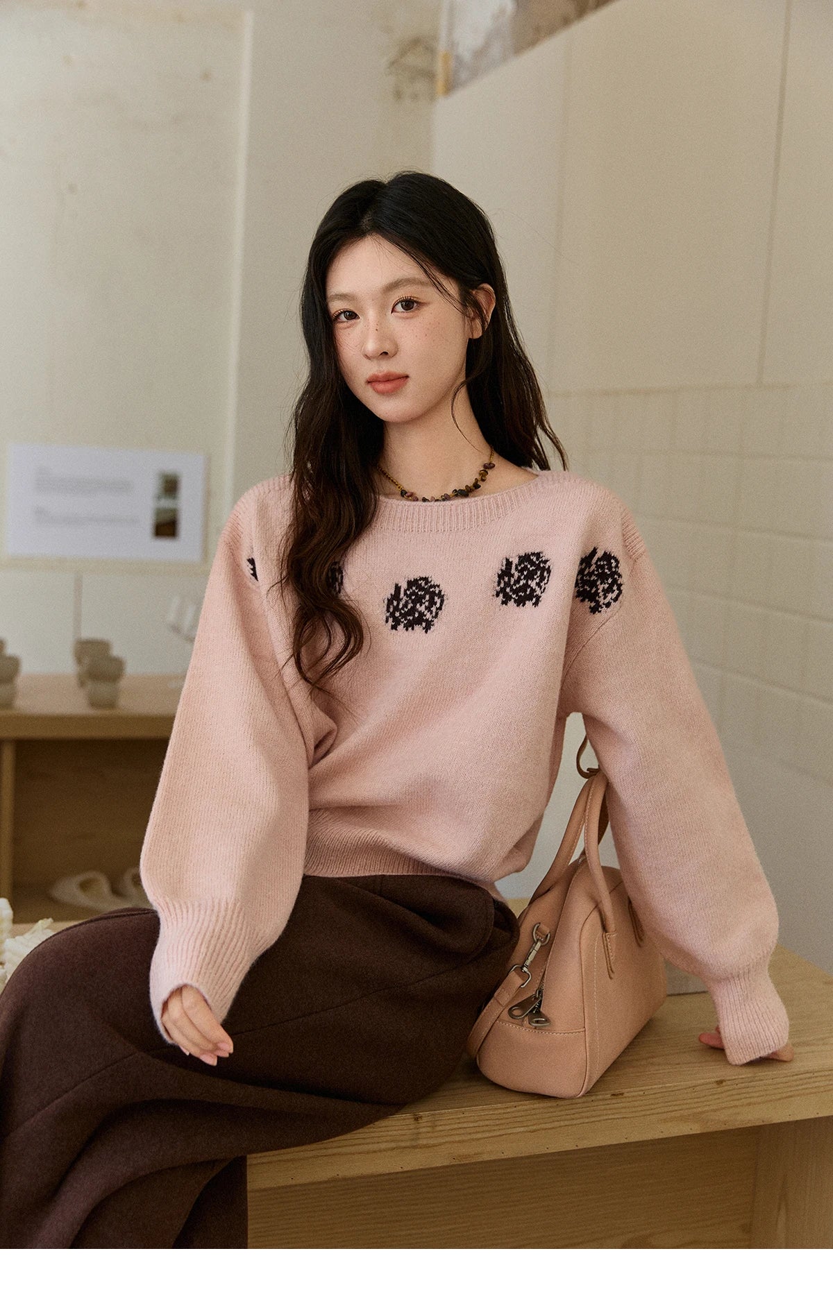 Mishow Pink Jacquard Lantern Sleeve Drop Shoulder Sweater MXE91Z2775