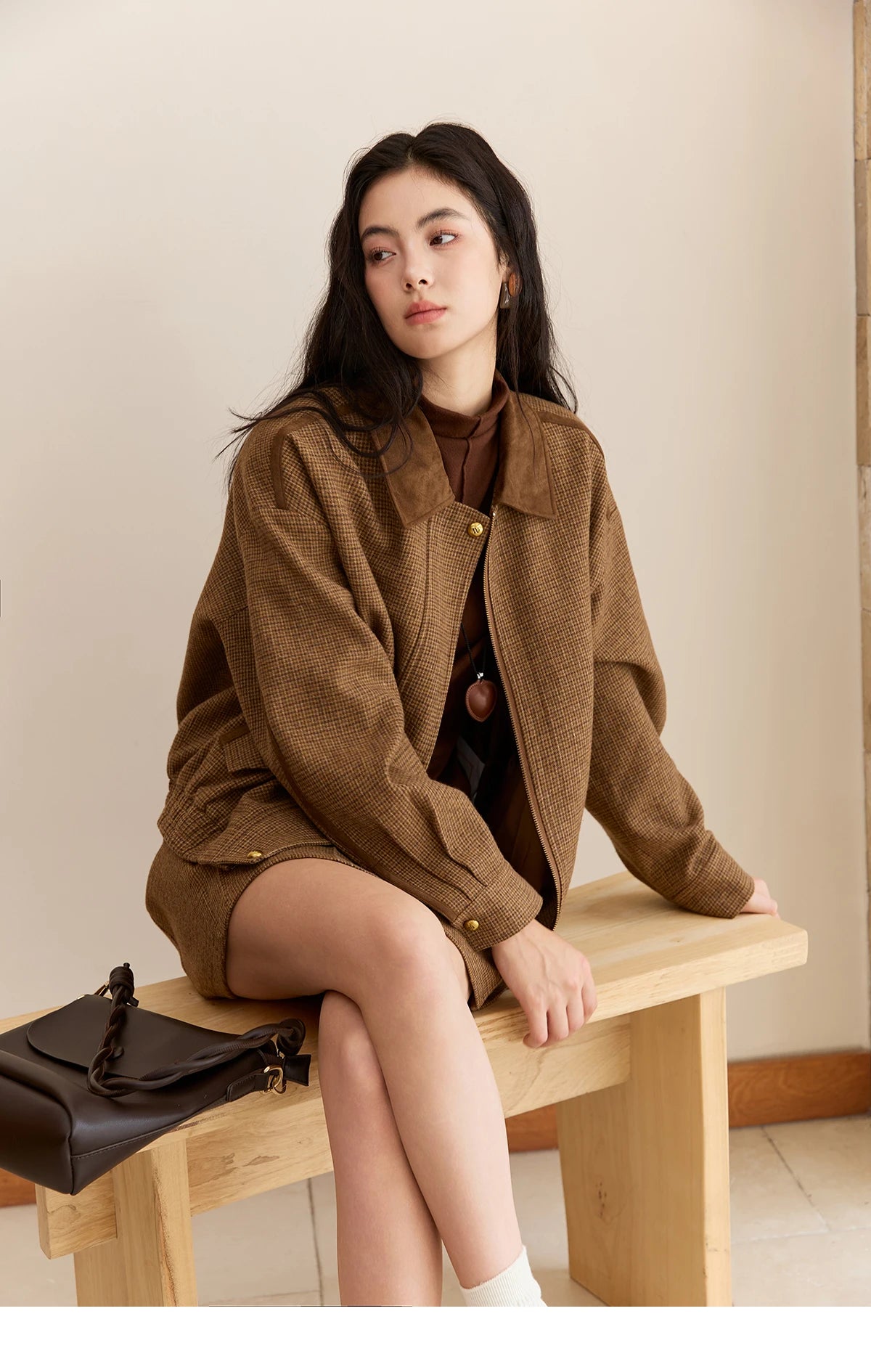 Mishow Plaid Zipper Jacket & Mini Pleated Skirt Set MXE49T1393
