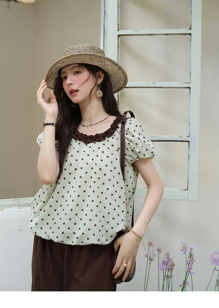 Mishow Polka Dot Puff Sleeve Top & Wide Leg Pants Set MXE39T0657