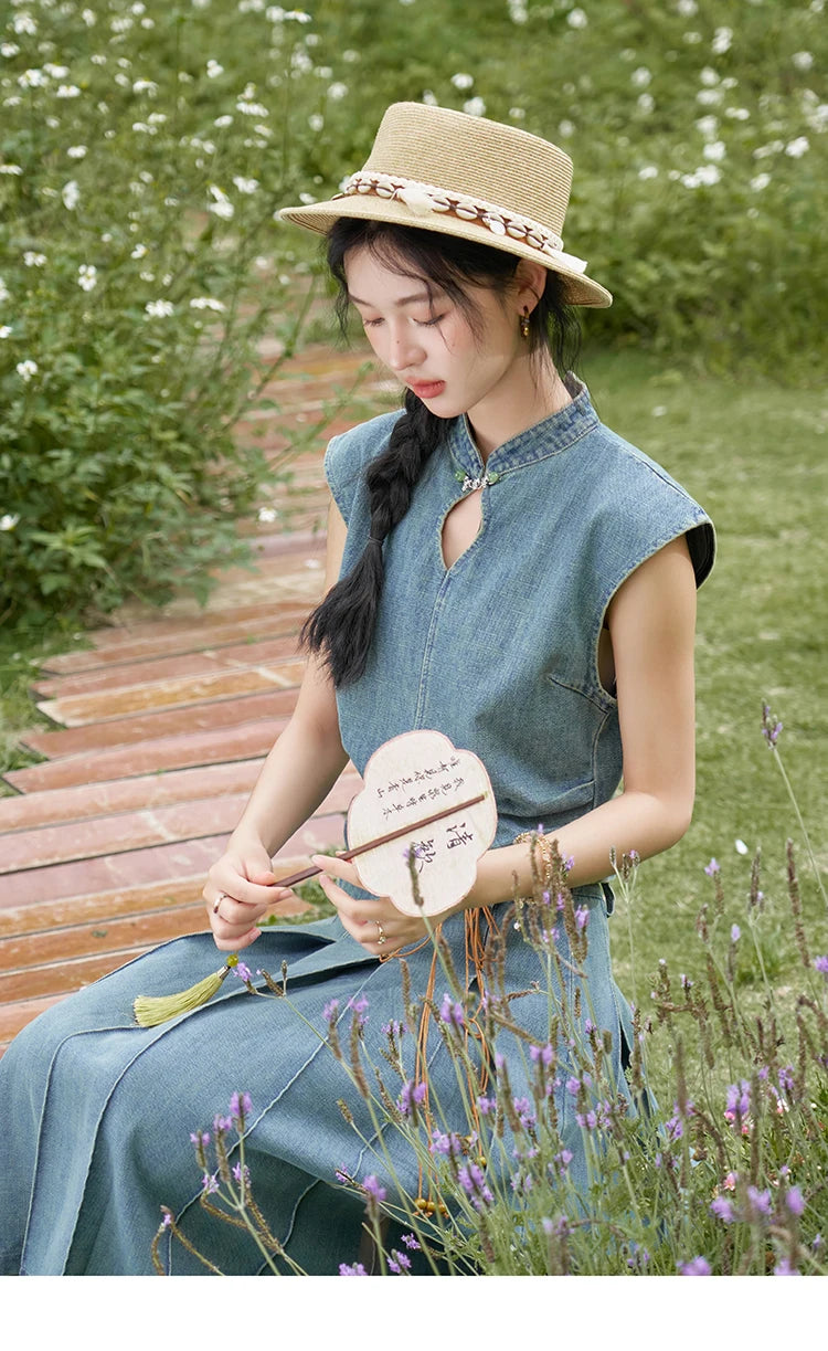 Mishow Chinese Stand Collar Vest & Pleated Denim Skirt Set MXD21X1465