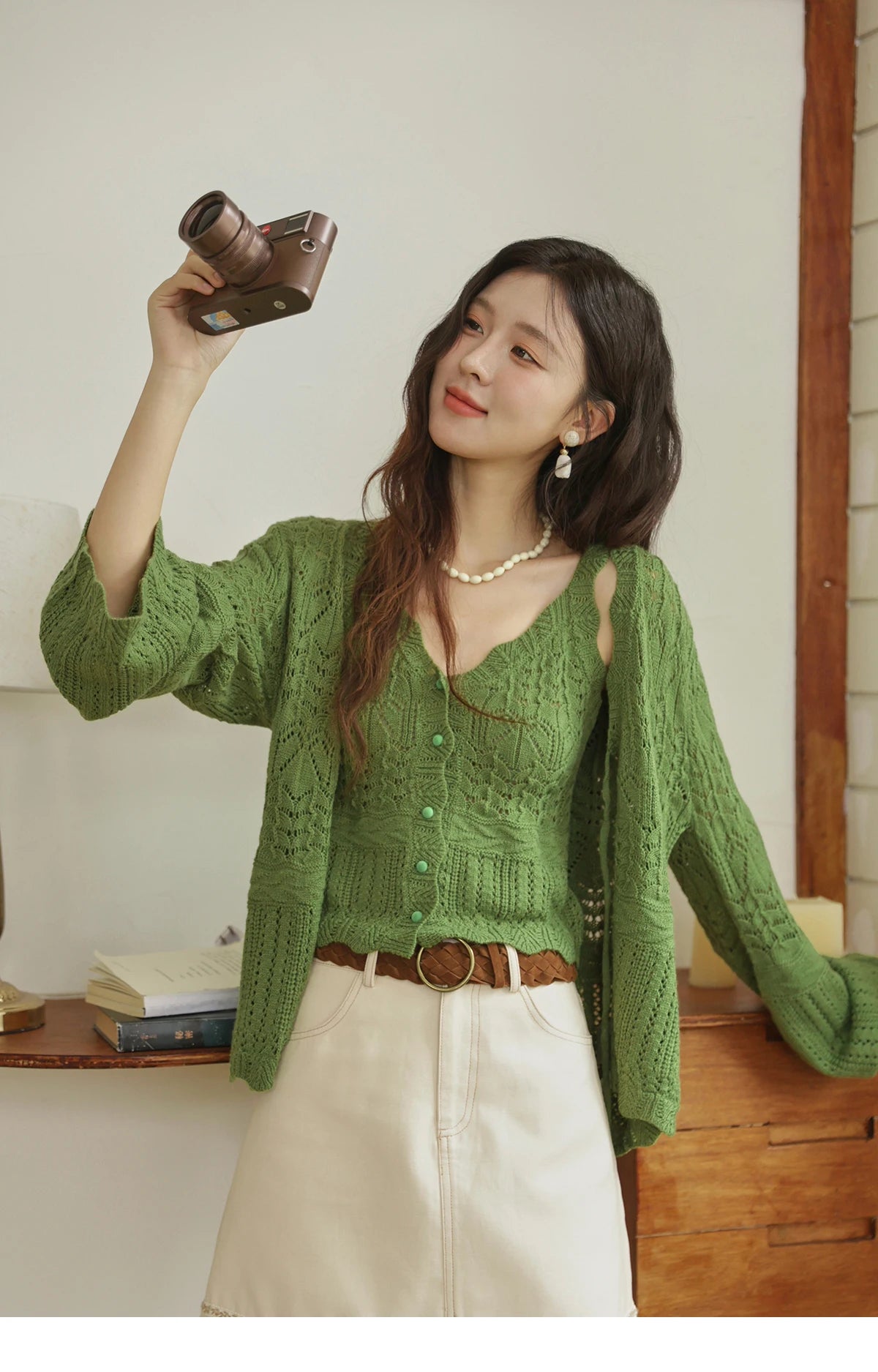 Mishow Flared Sleeve Lace-Up Cardigan & Camisole Set MXE42T0717