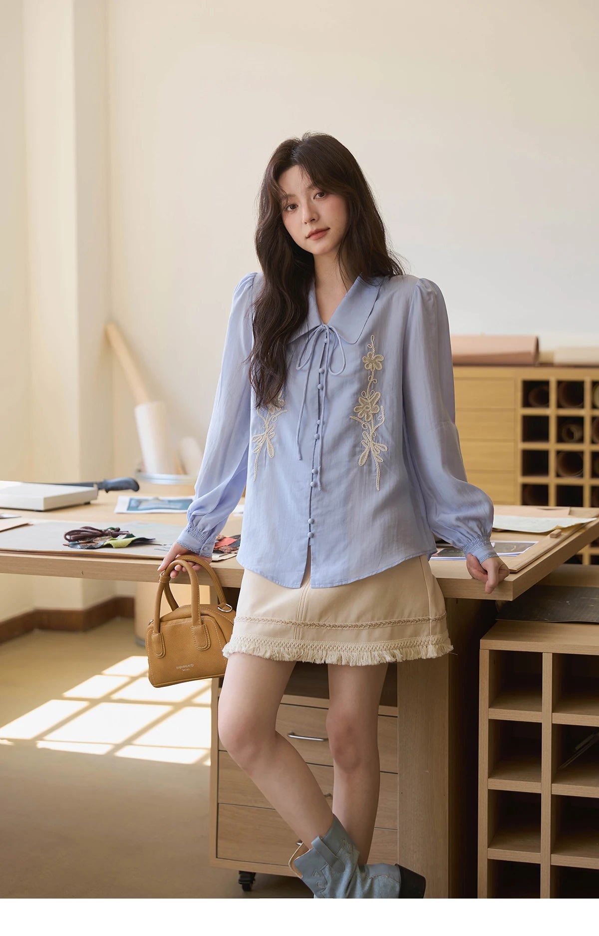 MISHOW Lyocell T-Shirt Flower Embroidered Puff Sleeves Lace-Up MXE42C2371