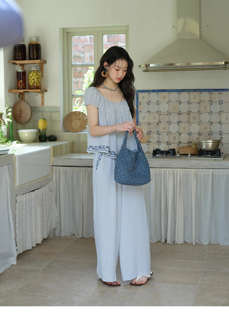 Mishow Embroidery Flower Round Neck Blouse & Pocket Wide Leg Pants Set MXE39T0669