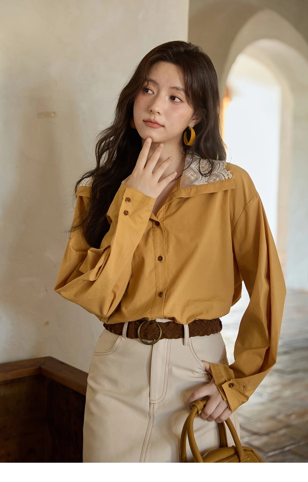 MISHOW Solid Cotton Shirt V-Neck Double Layer Lace MXE41C2366