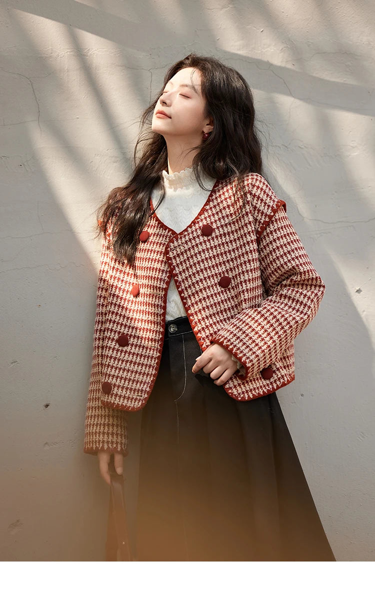 Mishow Red Plaid Double Breasted Tweed Jacket MXD56W0631