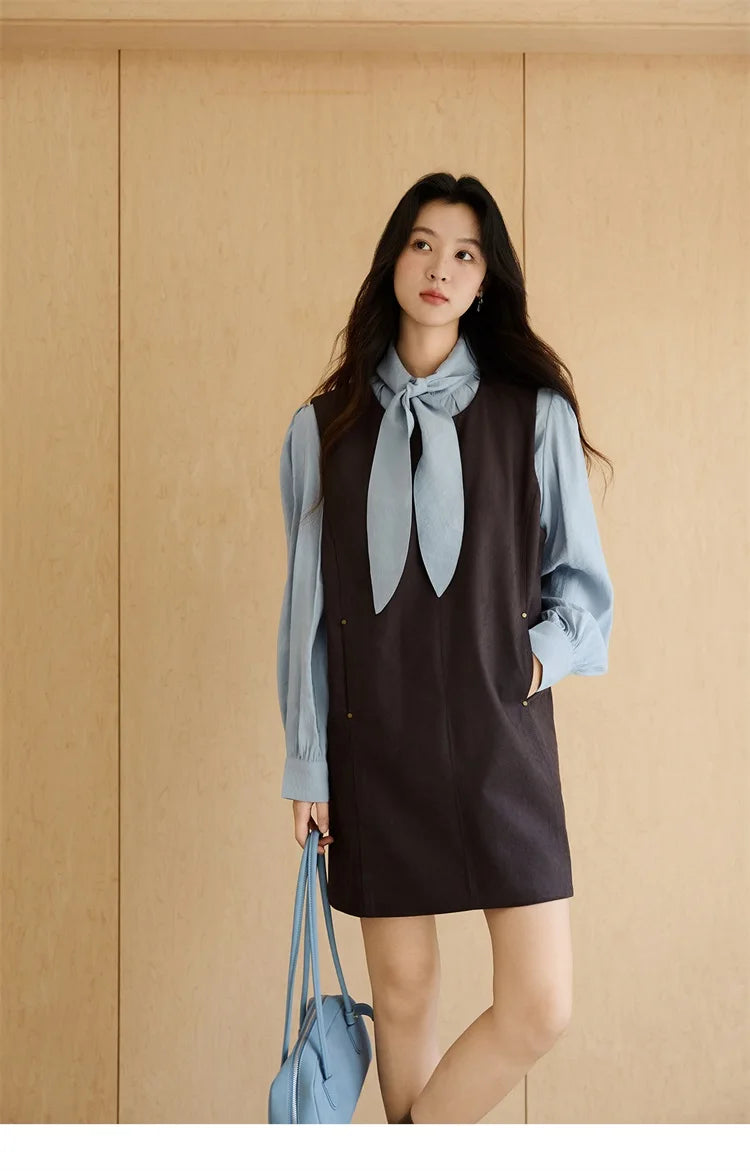 Mishow Light Blue Shirt & Brown Vest Skirt Suit MXE47T1408