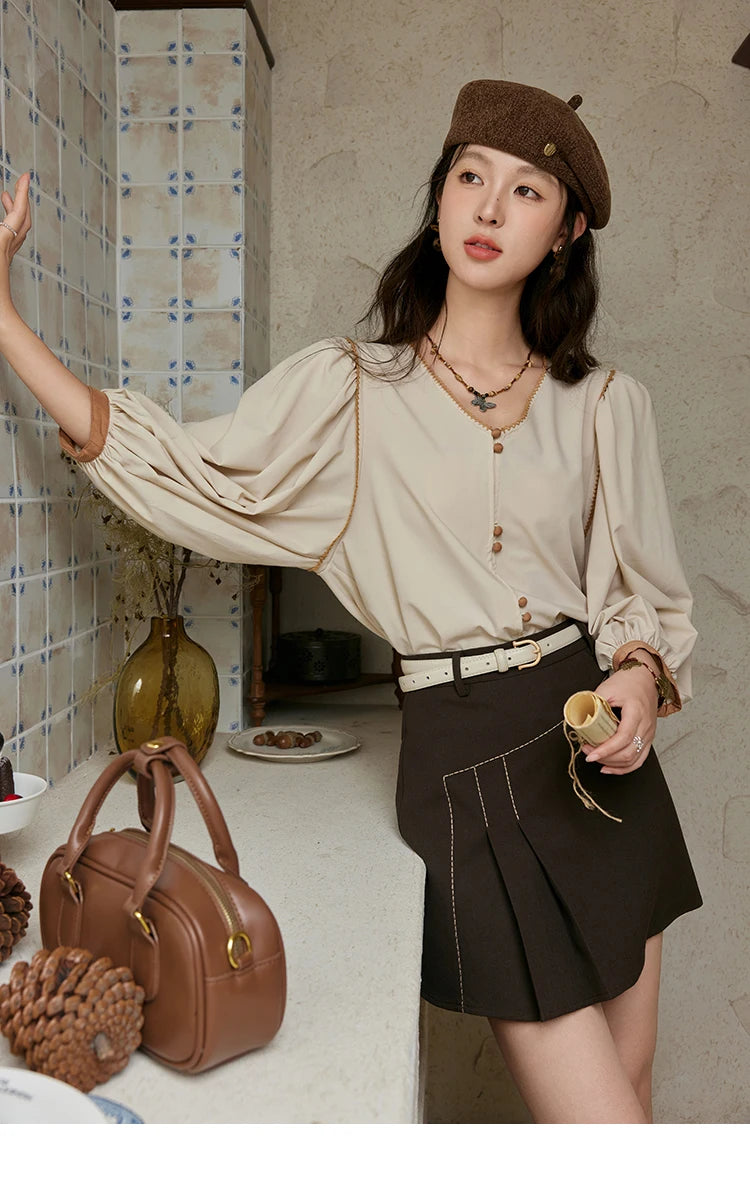 MISHOW French Retro V-Neck Shirt Lantern Sleeve Double Button MXD26X1597