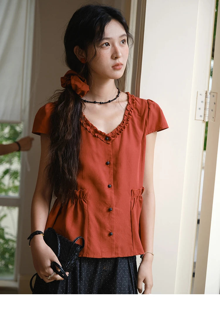 MISHOW Mushroom Edge V-Neck Blouse Button Short Sleeve MXE38X1867