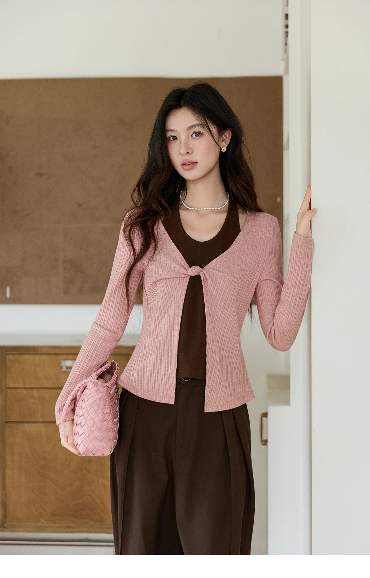 Mishow Pink Brown Fake Two-Piece Knot Front Top MXF11Z2912