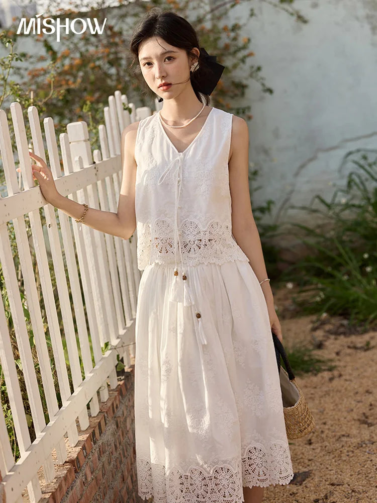 Mishow Embroidery V-Neck Lace Up Top & Elastic Waist Skirt Set MXE33T0593